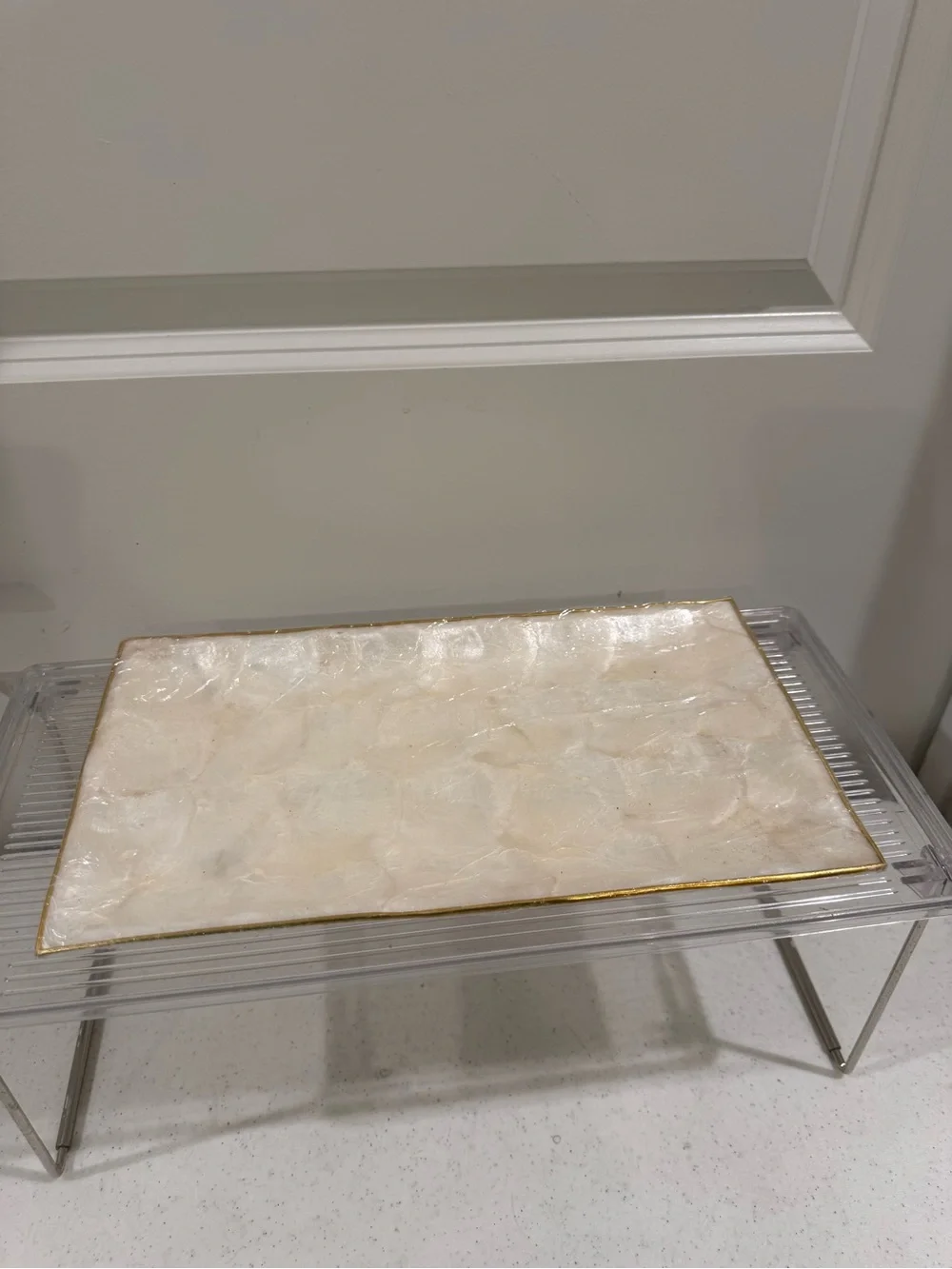Vintage Elegant Cream Capiz Vanity Tray with Gold Trim ~ 12“ x 7“